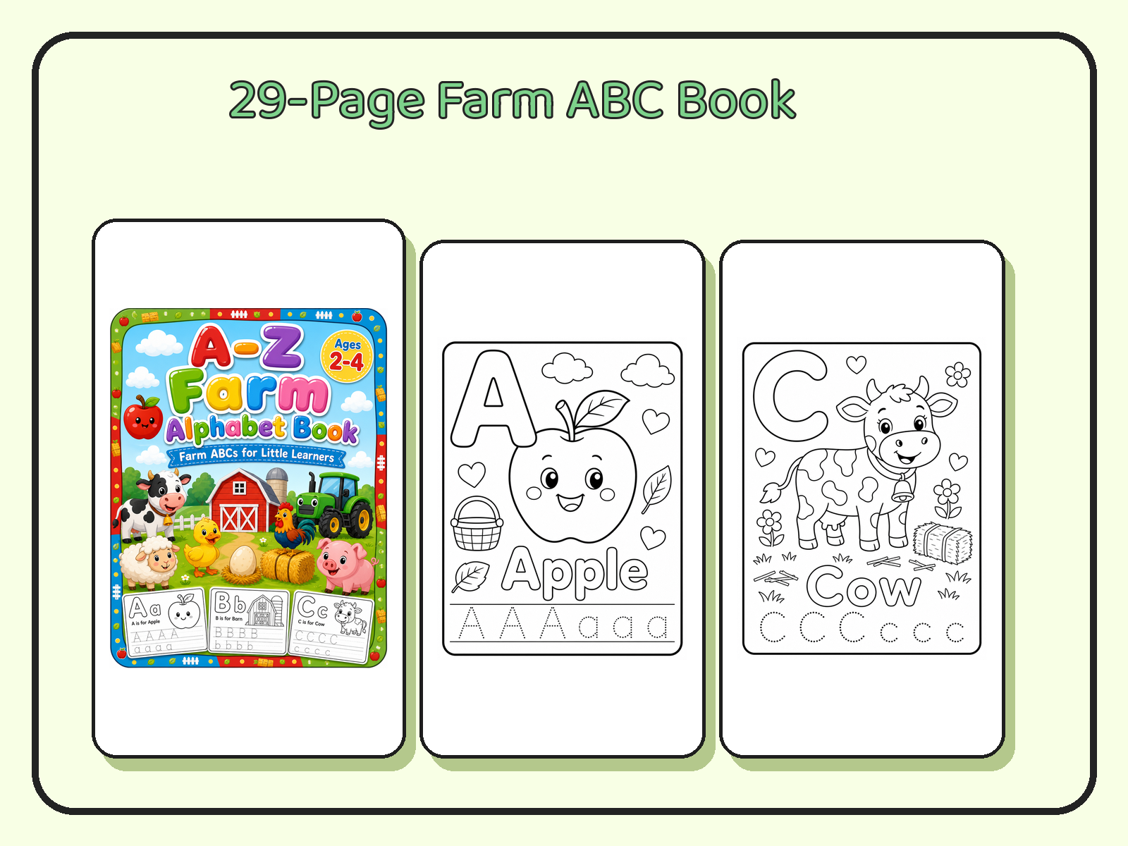 A-Z Farm Alphabet Book for Toddlers Ages 2-4 | Printable Farm ABC Coloring PDF printable page preview thumbnail