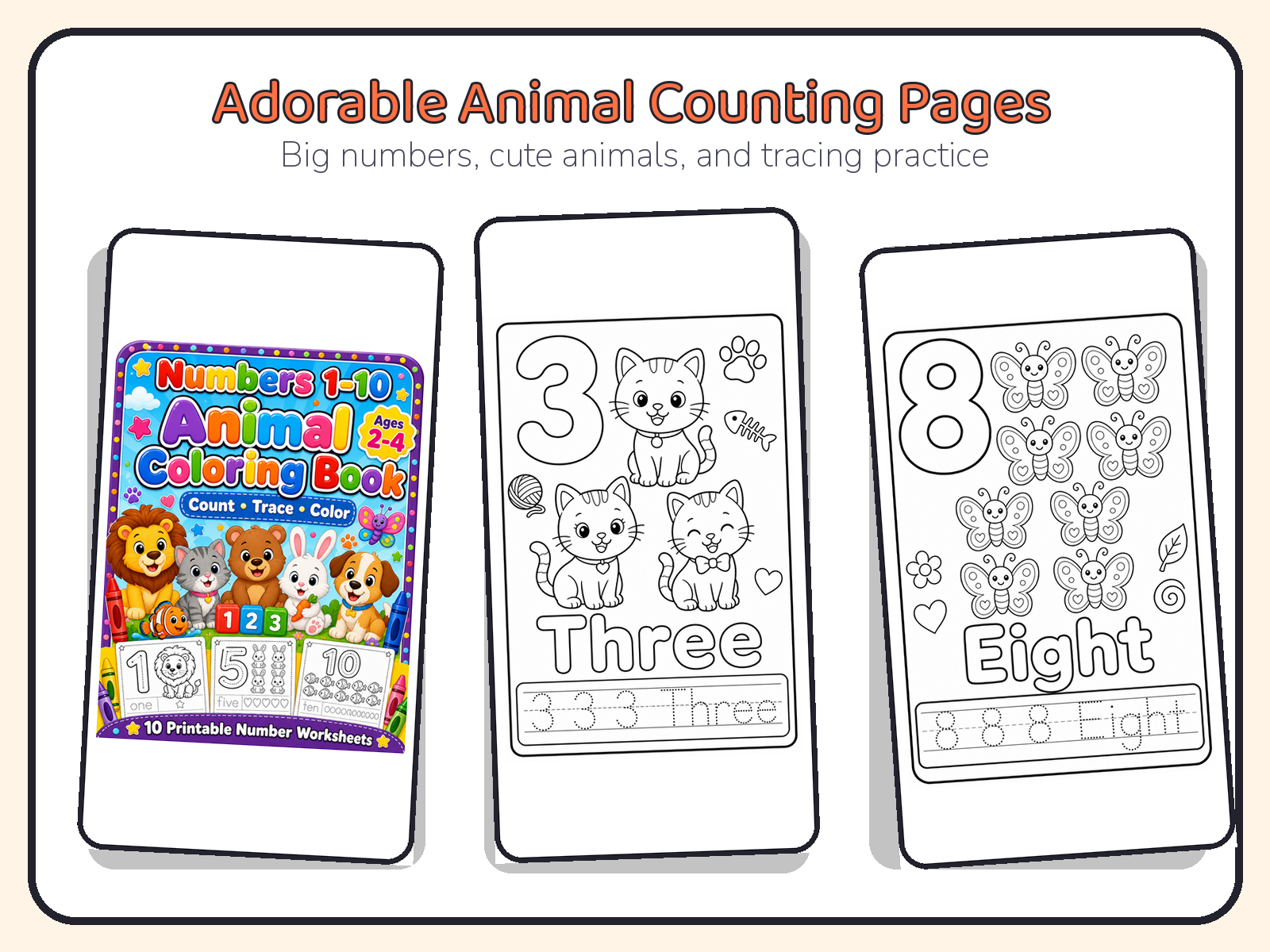 Numbers 1-10 Animal Coloring Book for Toddlers Ages 2-4 | Printable Counting PDF printable page preview thumbnail