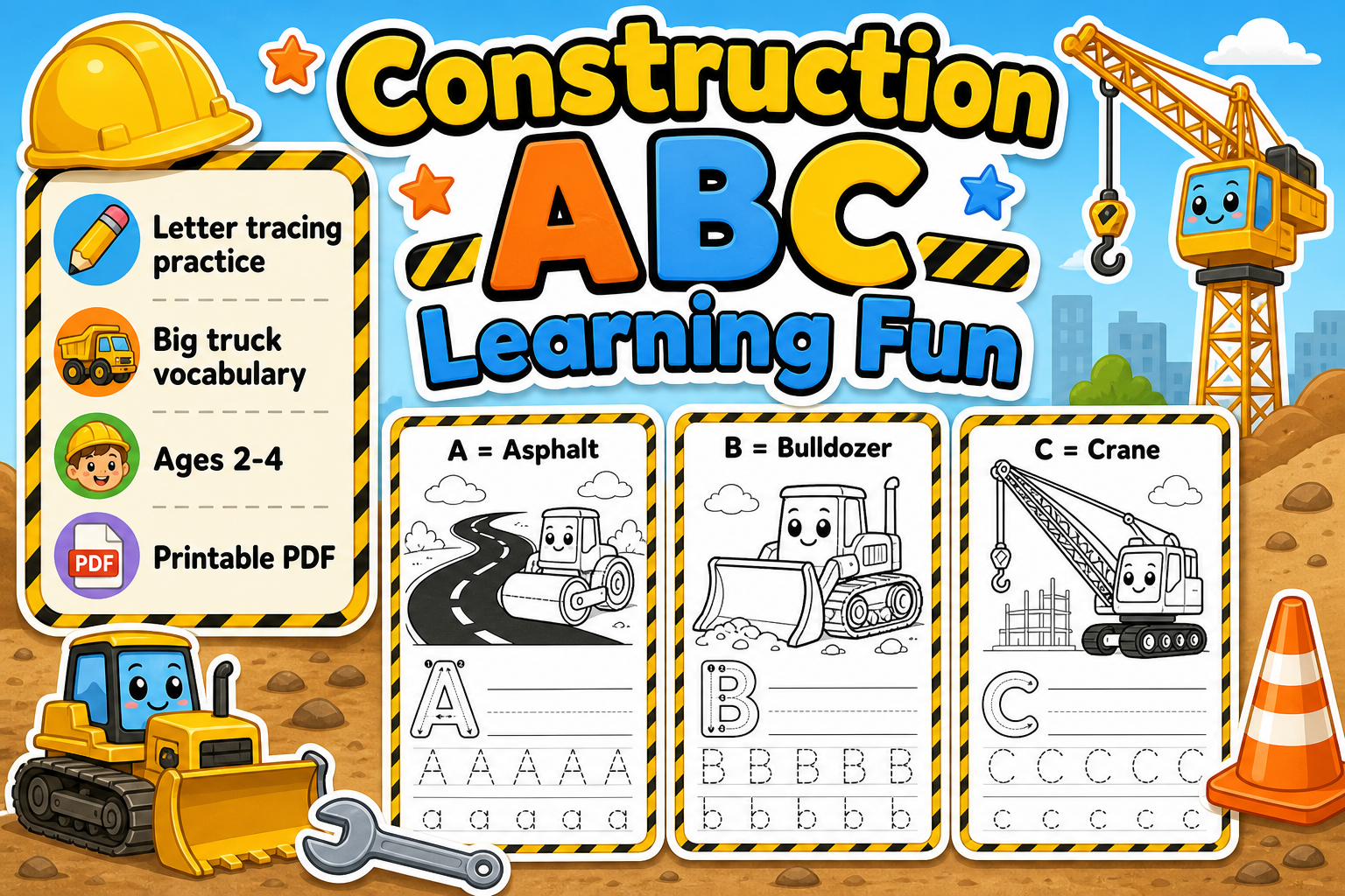 A-Z Construction Alphabet Book for Toddlers Ages 2-4 | Printable Construction ABC Coloring PDF printable page preview thumbnail