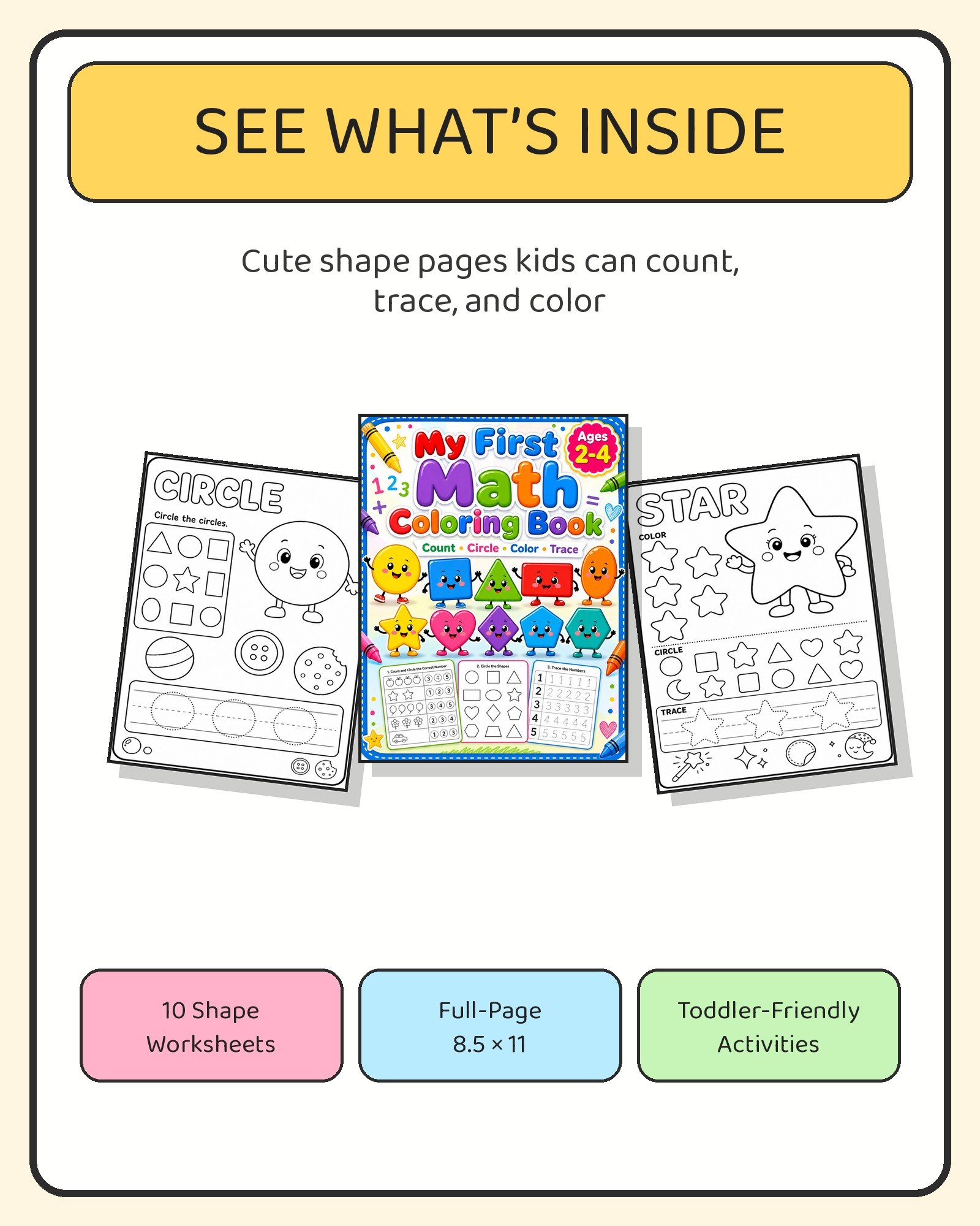 My First Math Coloring Book: Shape Recognition Worksheets for Toddlers Ages 2-4 Printable PDF printable page preview thumbnail