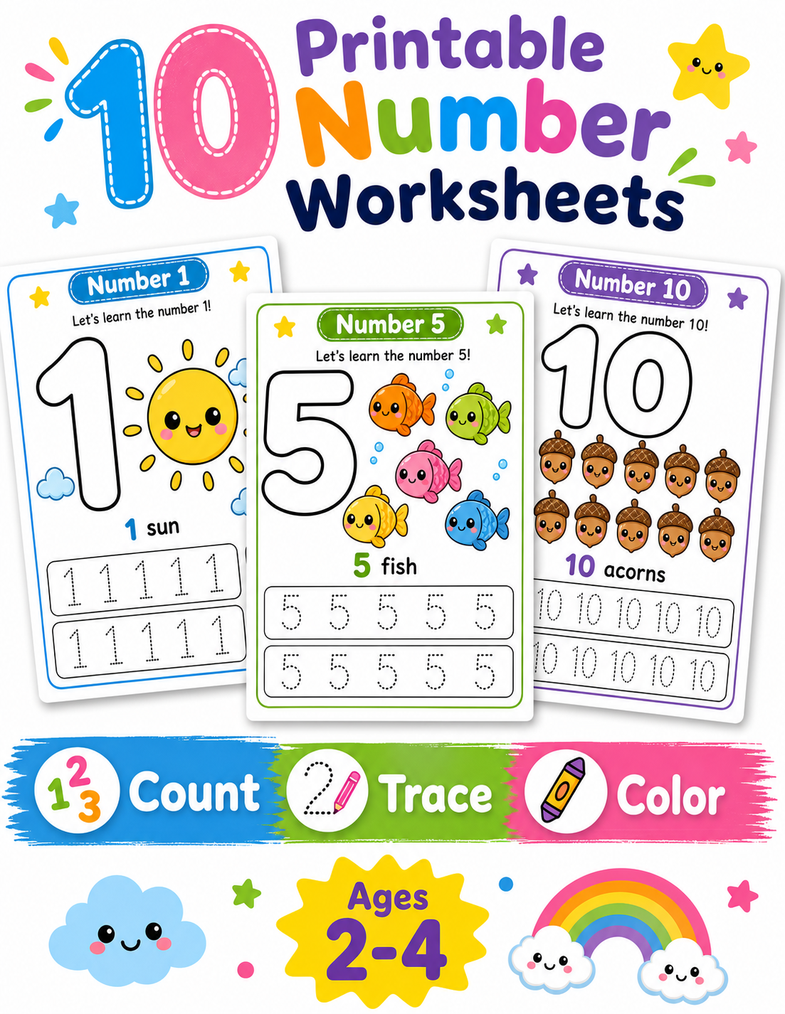 Number Tracing with Cute Objects – Count, Trace & Color Workbook for Toddlers Ages 2-4 printable page preview thumbnail