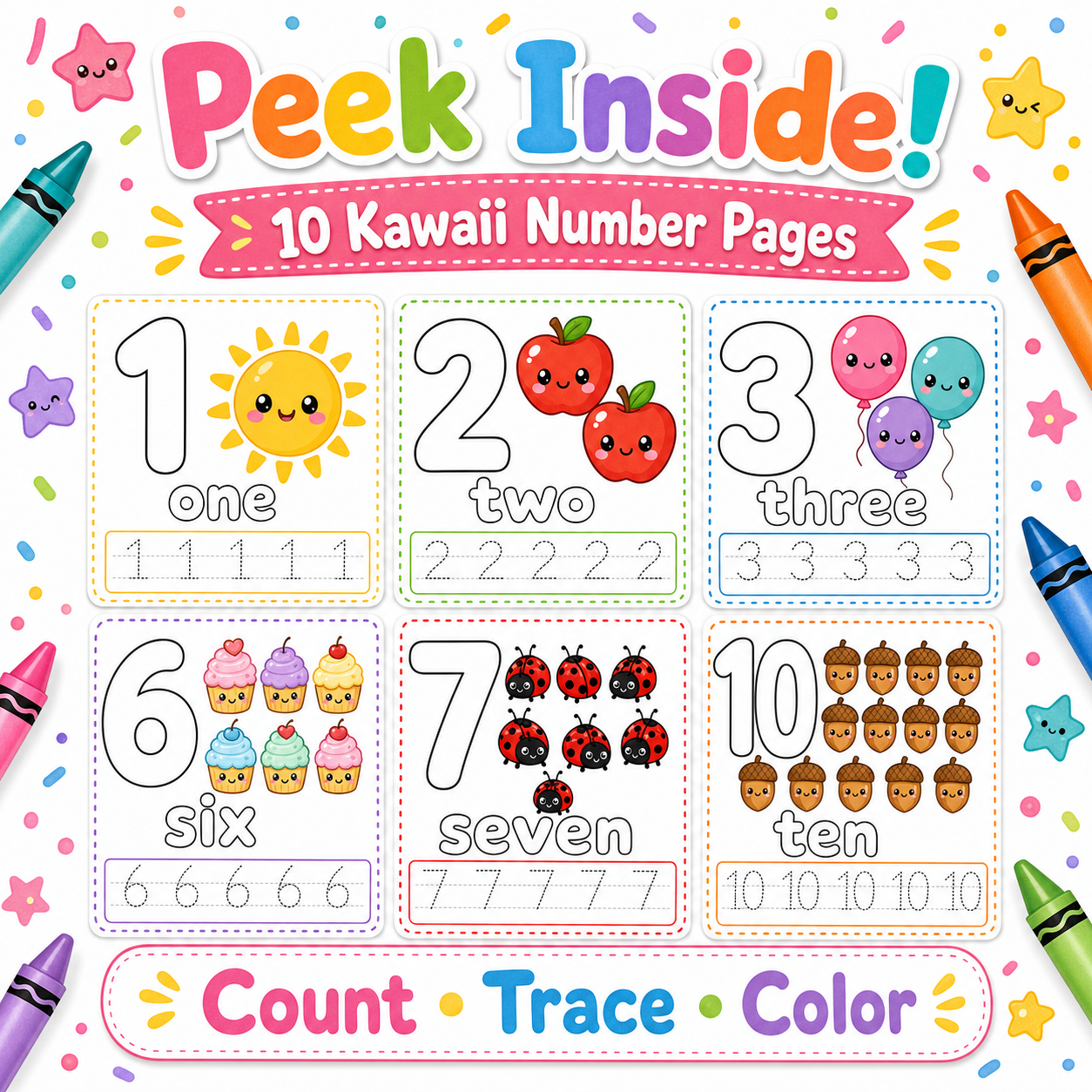 Number Tracing with Cute Objects – Count, Trace & Color Workbook for Toddlers Ages 2-4 printable page preview thumbnail