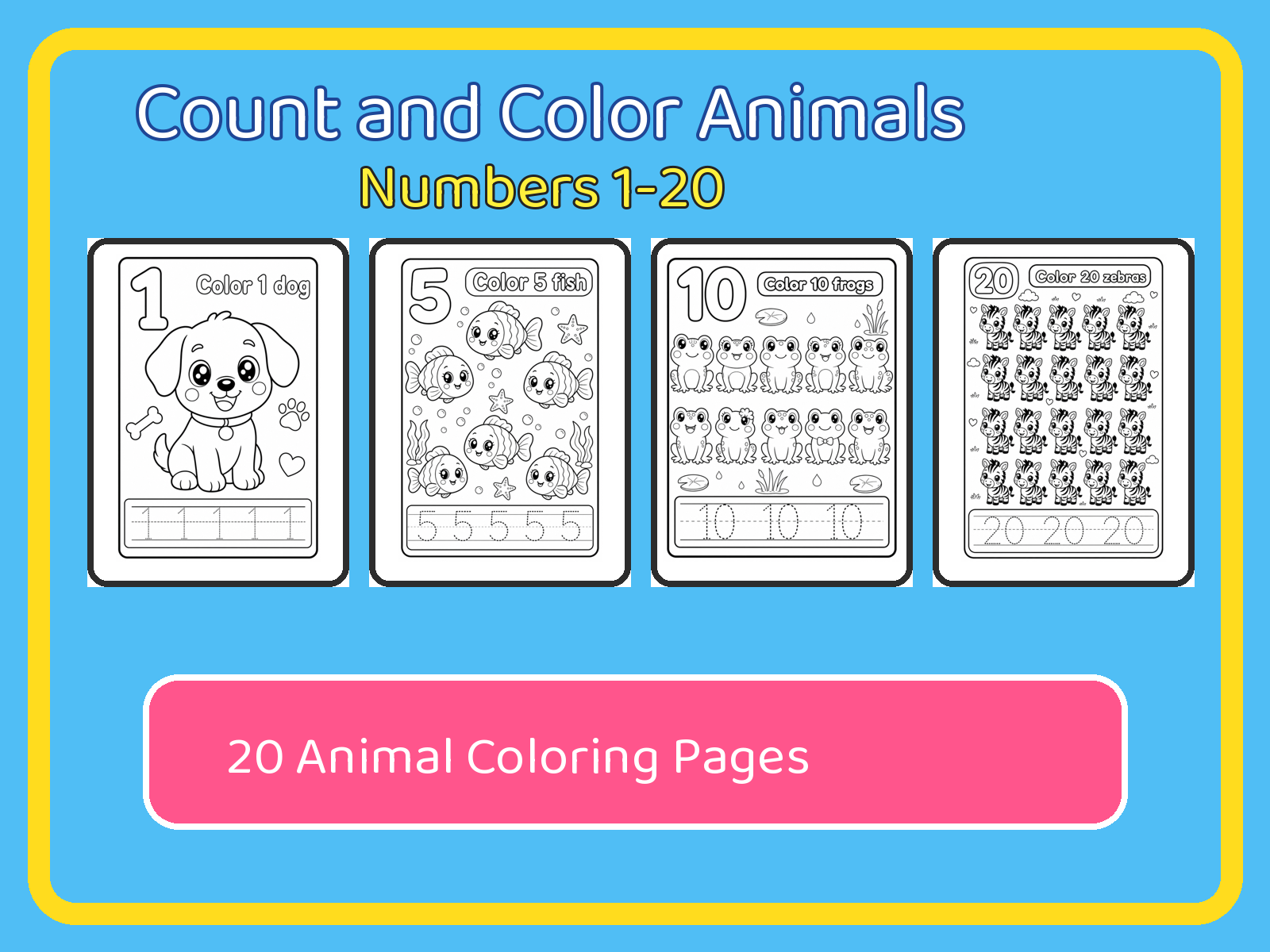 Count and Color Animals 1-20 for Toddlers Ages 2-4 | Printable Animal Counting PDF printable page preview thumbnail