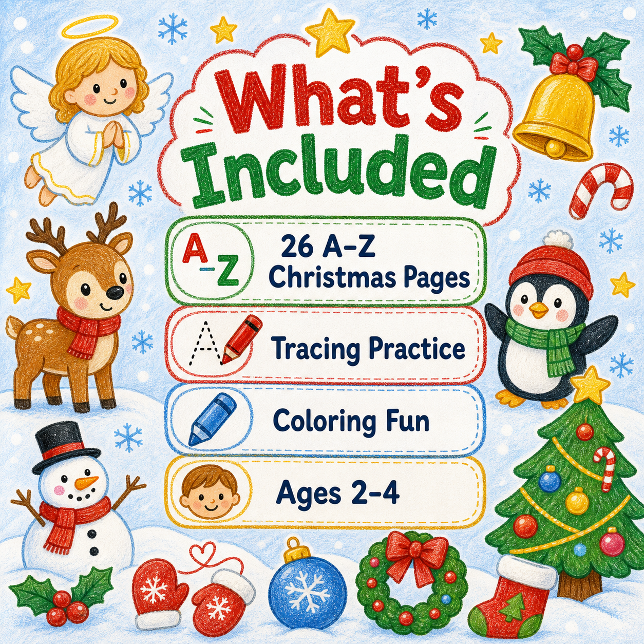 A-Z Christmas Alphabet Book for Toddlers Ages 2-4 | Printable Christmas ABC Coloring PDF printable page preview thumbnail