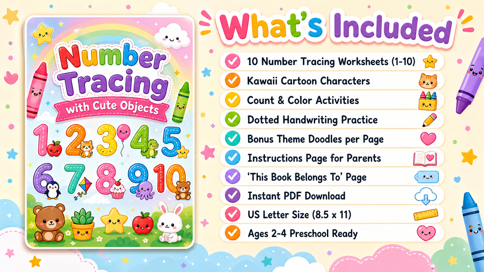 Number Tracing with Cute Objects – Count, Trace & Color Workbook for Toddlers Ages 2-4 printable page preview thumbnail