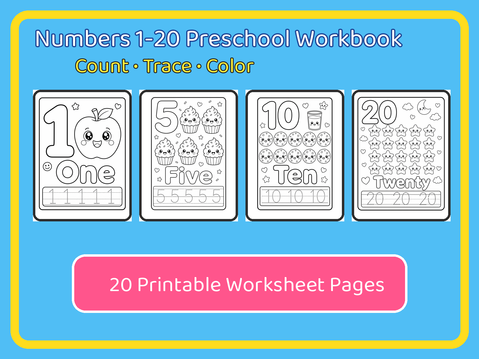 Numbers 1-20 Preschool Workbook for Toddlers Ages 2-4 | Printable Counting & Tracing PDF printable page preview thumbnail