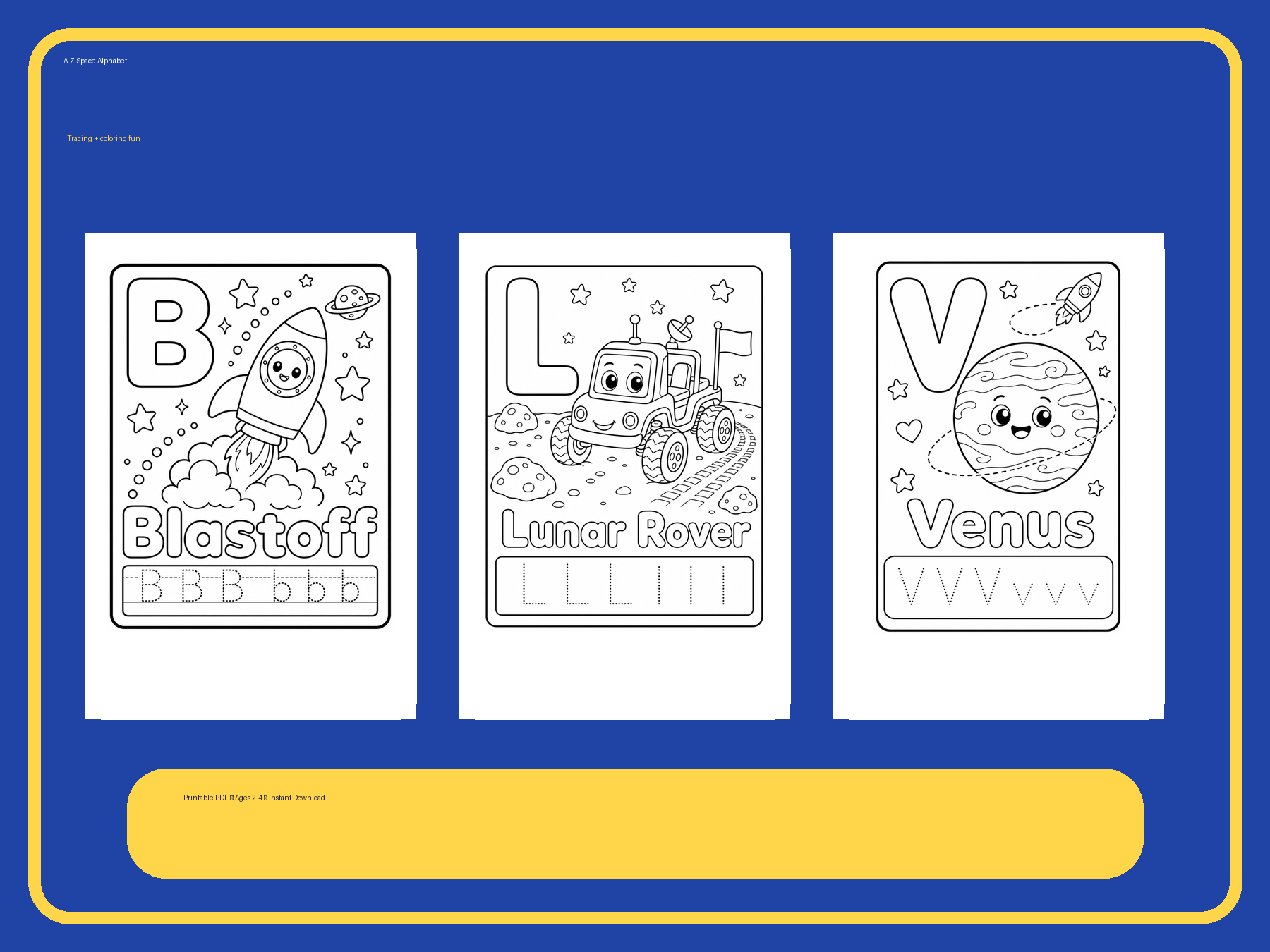 A-Z Space Alphabet Book for Toddlers Ages 2-4 | Printable Space ABC Coloring PDF printable page preview thumbnail