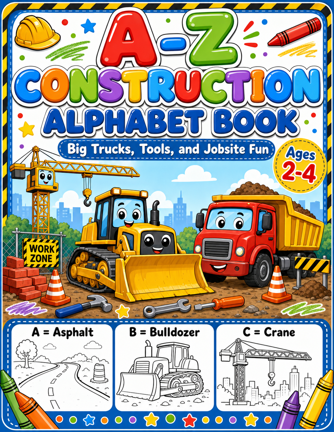 A-Z Construction Alphabet Book for Toddlers Ages 2-4 | Printable Construction ABC Coloring PDF printable coloring book cover