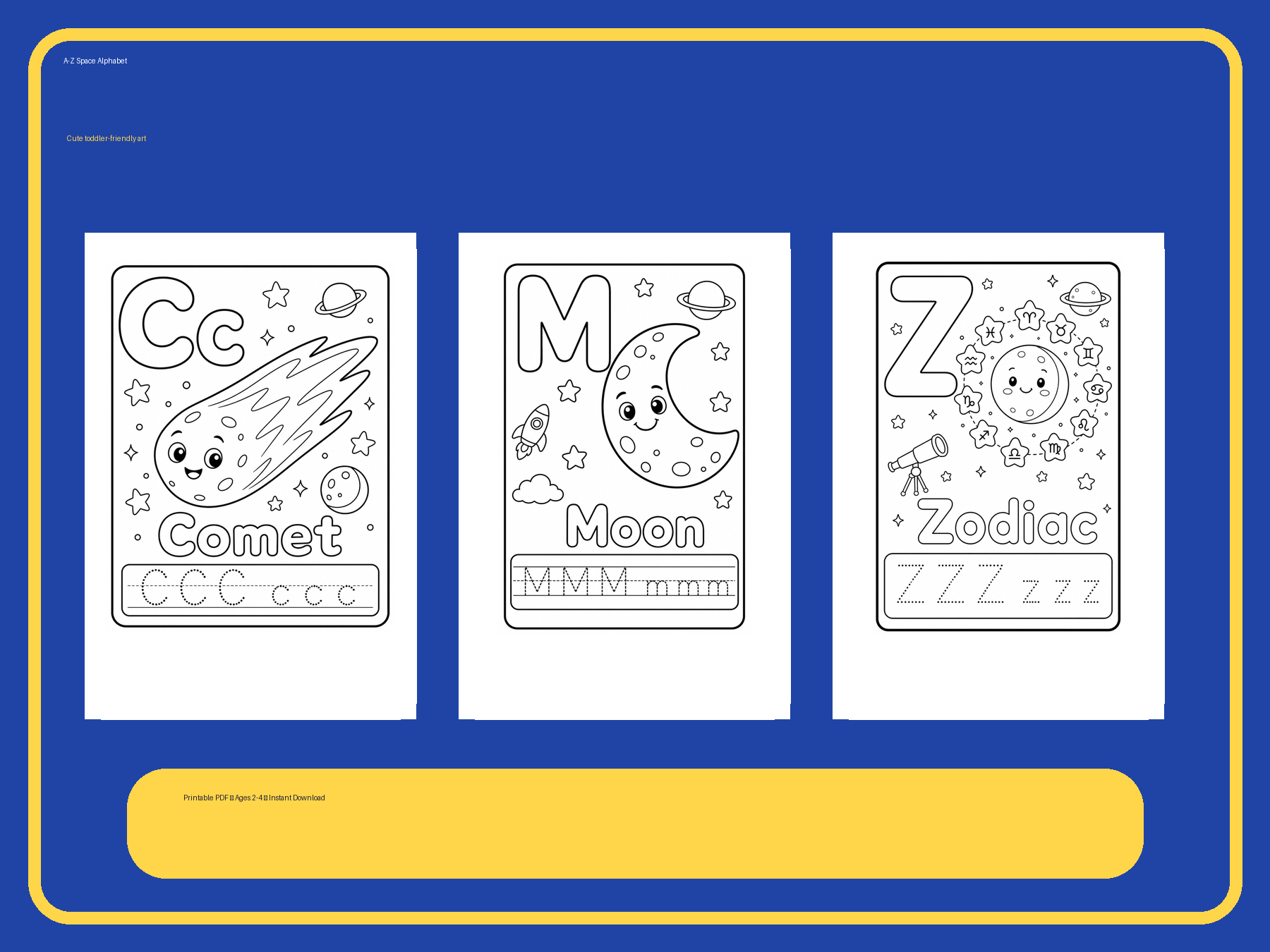 A-Z Space Alphabet Book for Toddlers Ages 2-4 | Printable Space ABC Coloring PDF printable page preview thumbnail