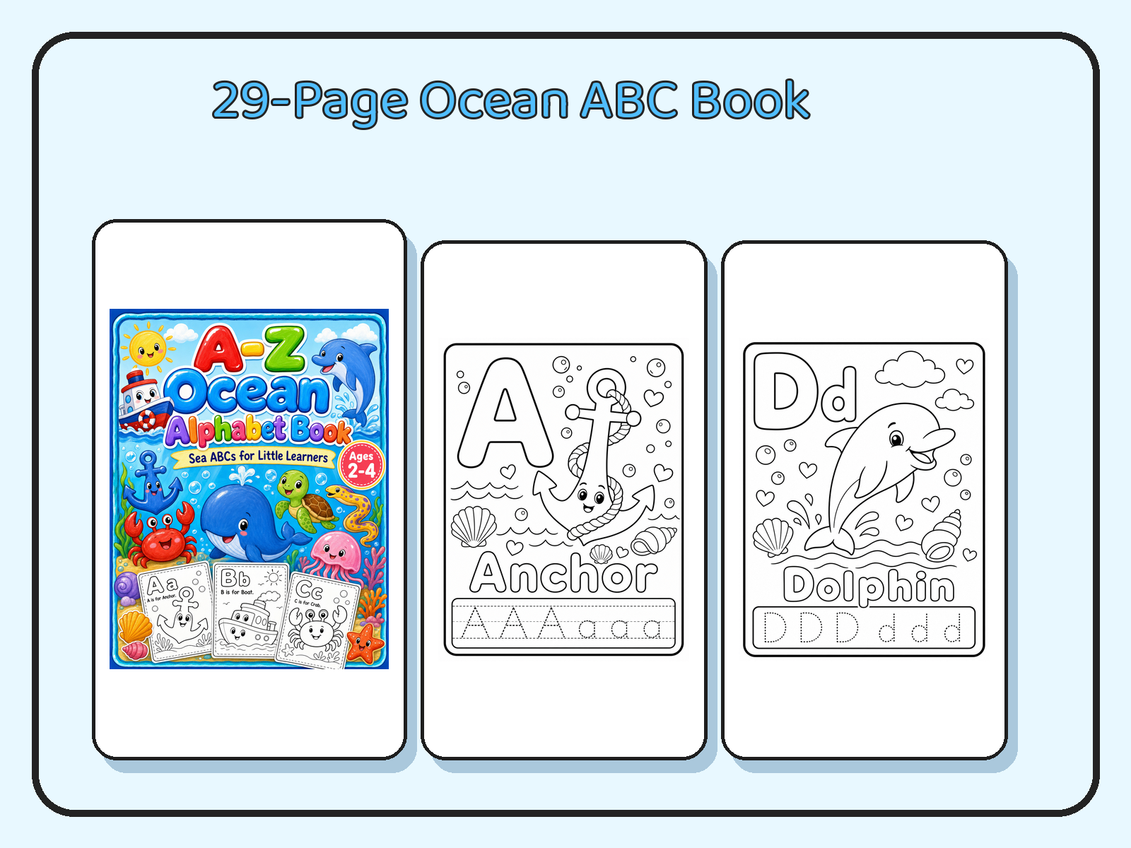 A-Z Ocean Alphabet Book for Toddlers Ages 2-4 | Printable Sea ABC Coloring PDF printable page preview thumbnail