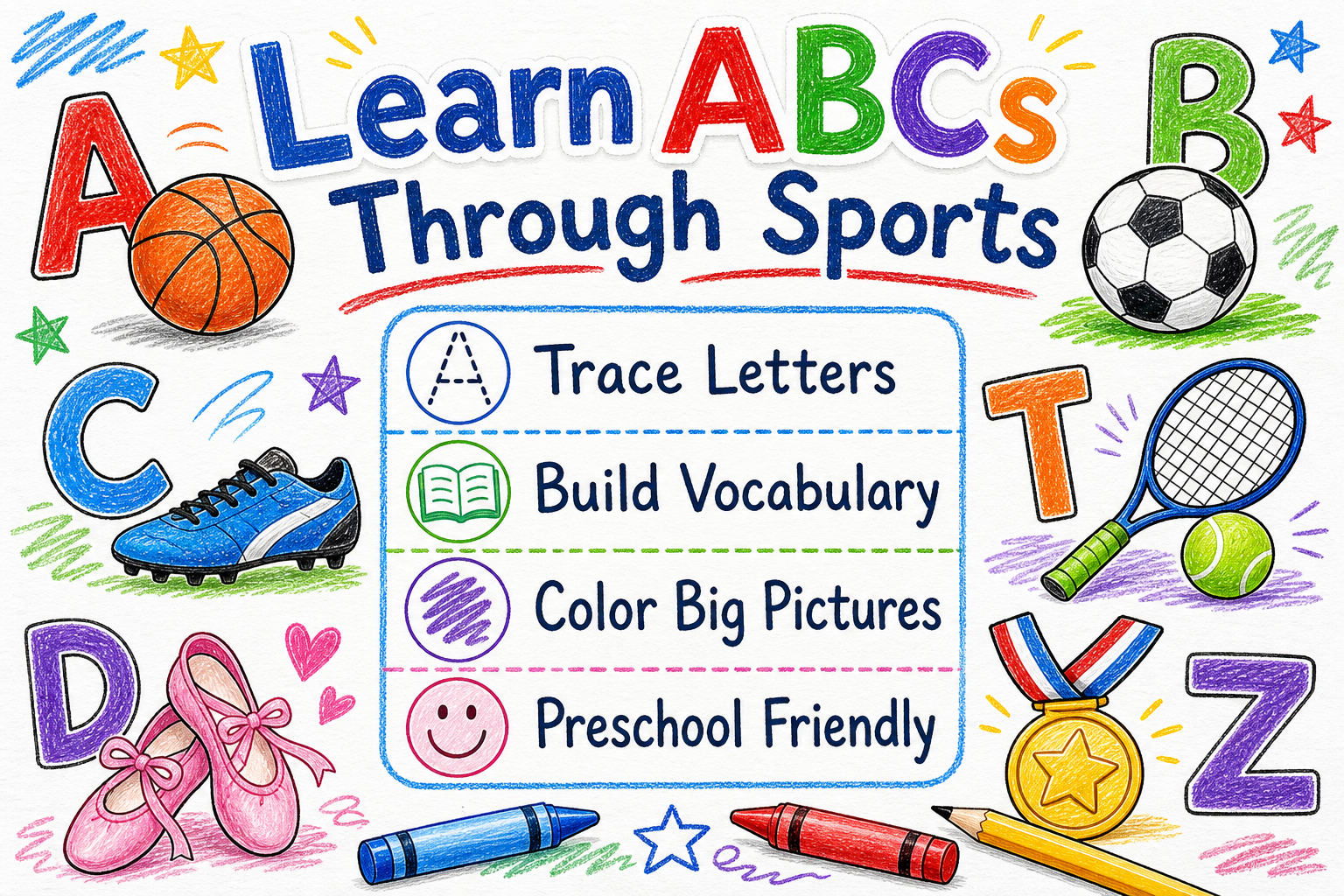 A-Z Sports Alphabet Book for Toddlers Ages 2-4 | Printable Sports ABC Coloring PDF printable page preview thumbnail