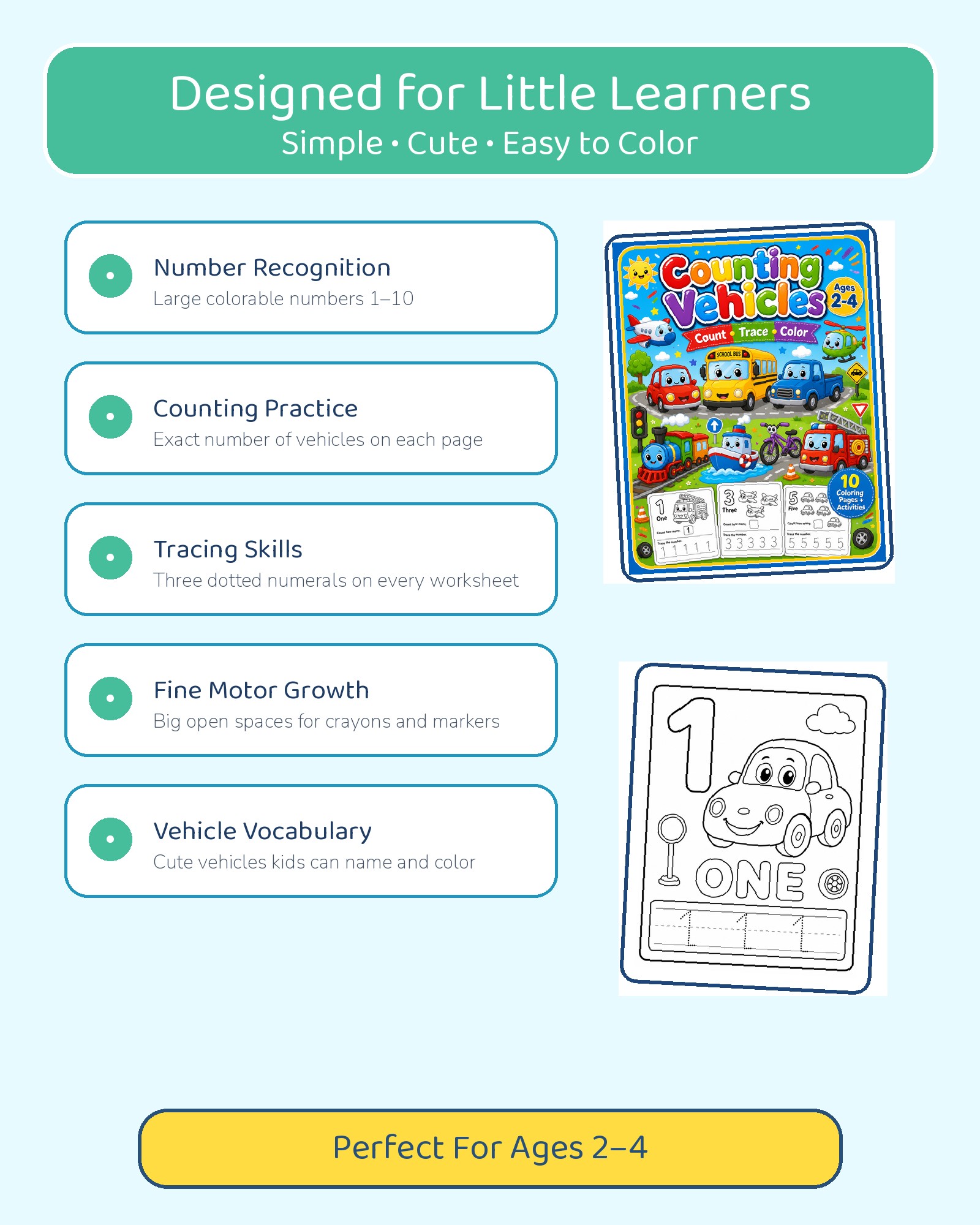 Counting Vehicles - Number Coloring Book for Toddlers Ages 2-4 Printable PDF printable page preview thumbnail