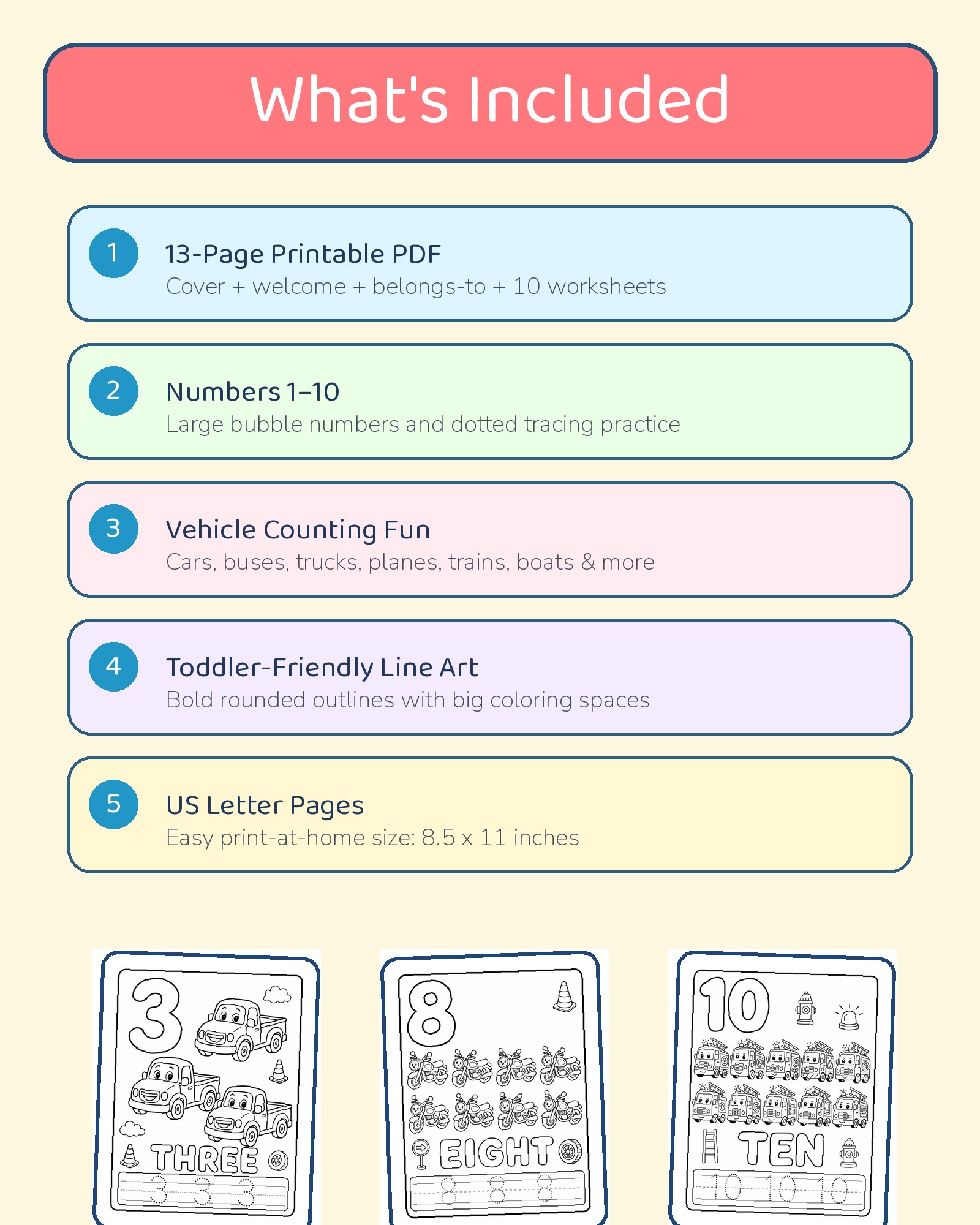 Counting Vehicles - Number Coloring Book for Toddlers Ages 2-4 Printable PDF printable page preview thumbnail
