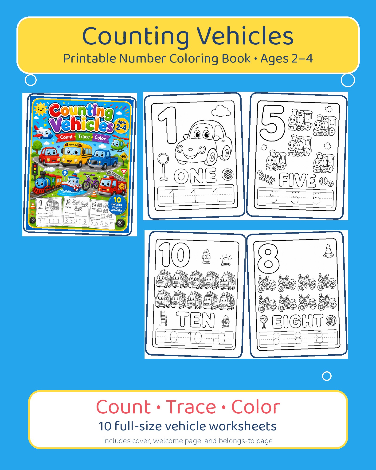 Counting Vehicles - Number Coloring Book for Toddlers Ages 2-4 Printable PDF printable page preview thumbnail