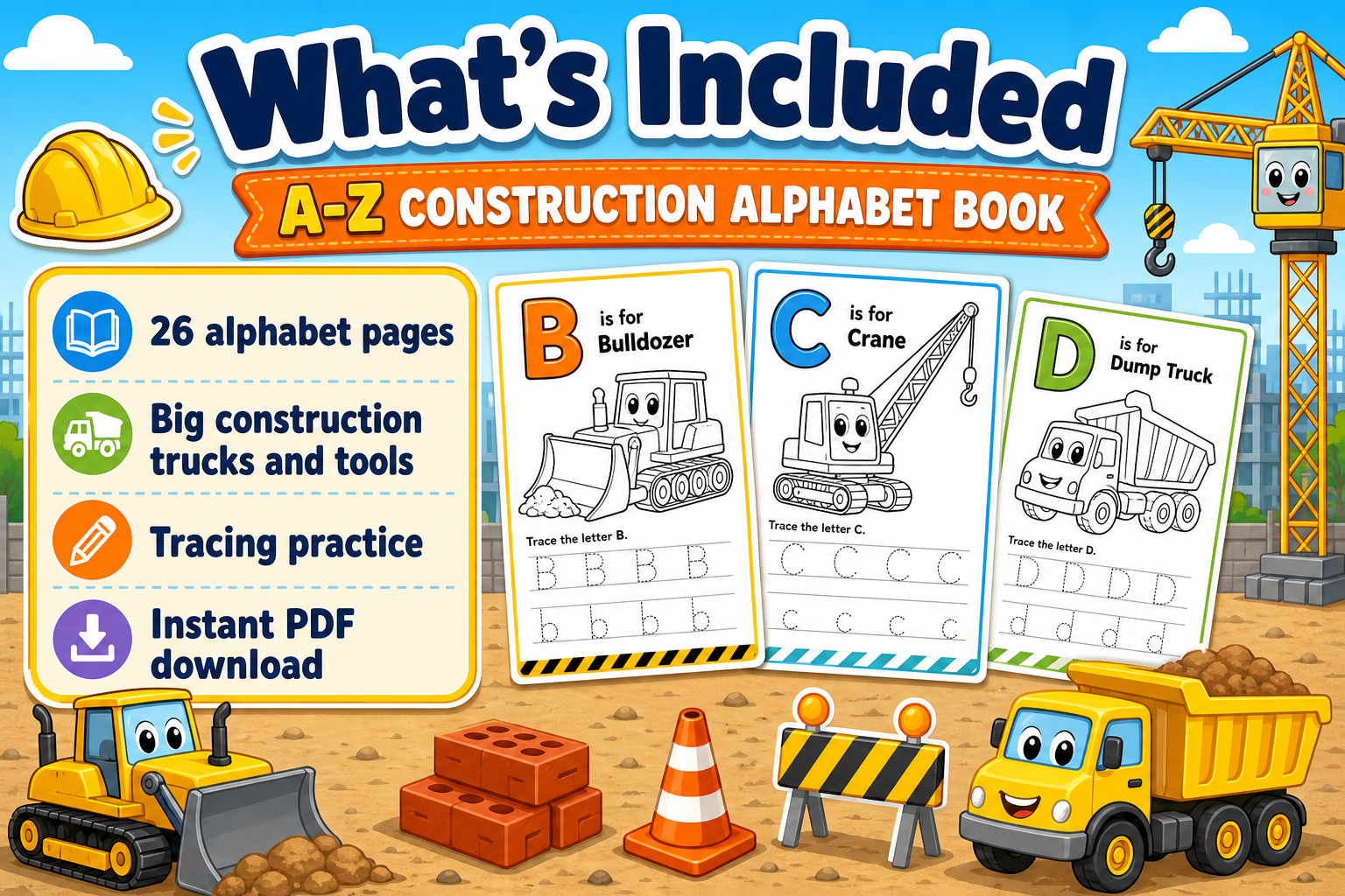 A-Z Construction Alphabet Book for Toddlers Ages 2-4 | Printable Construction ABC Coloring PDF printable page preview thumbnail