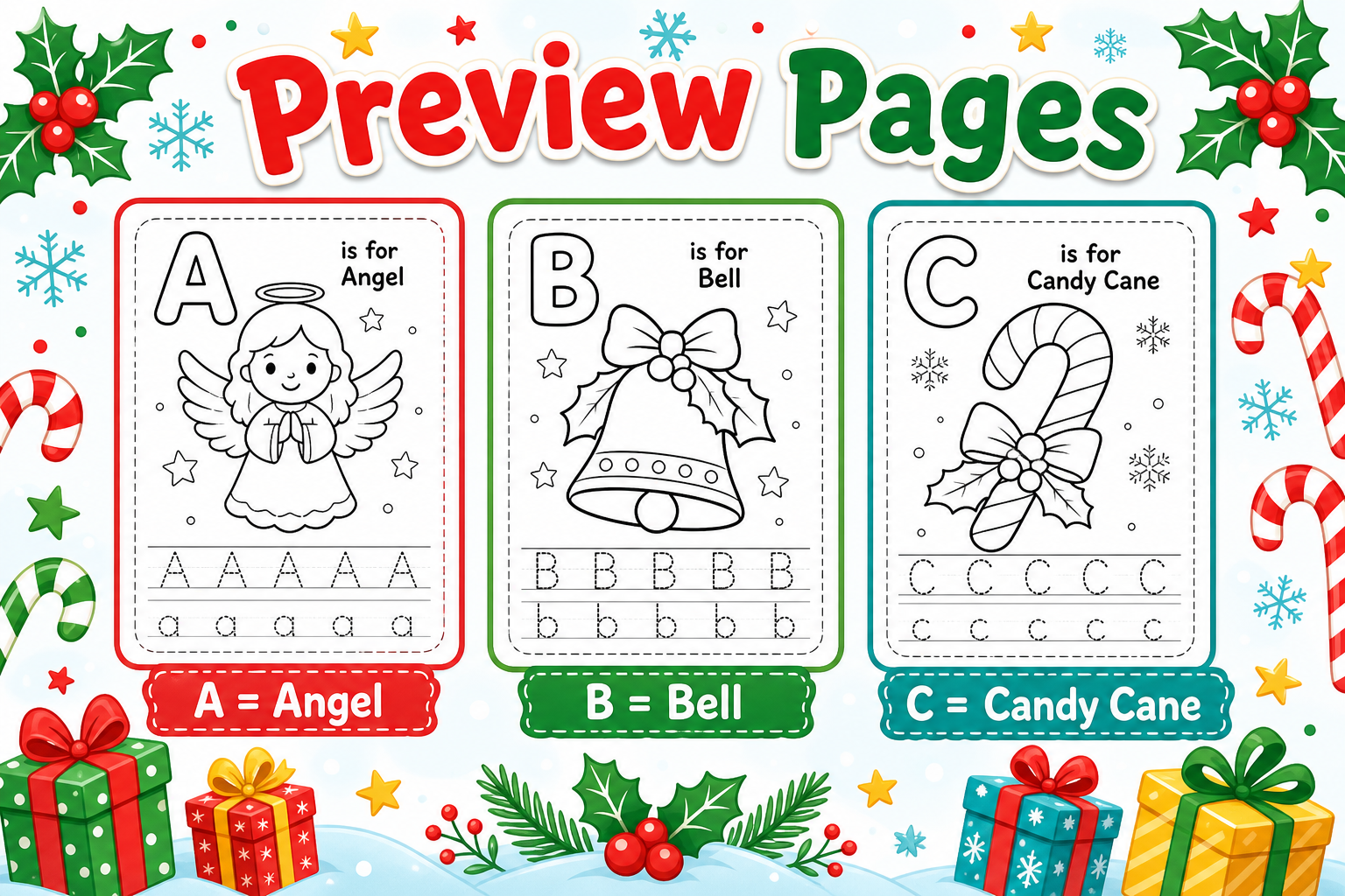 A-Z Christmas Alphabet Book for Toddlers Ages 2-4 | Printable Christmas ABC Coloring PDF printable page preview thumbnail
