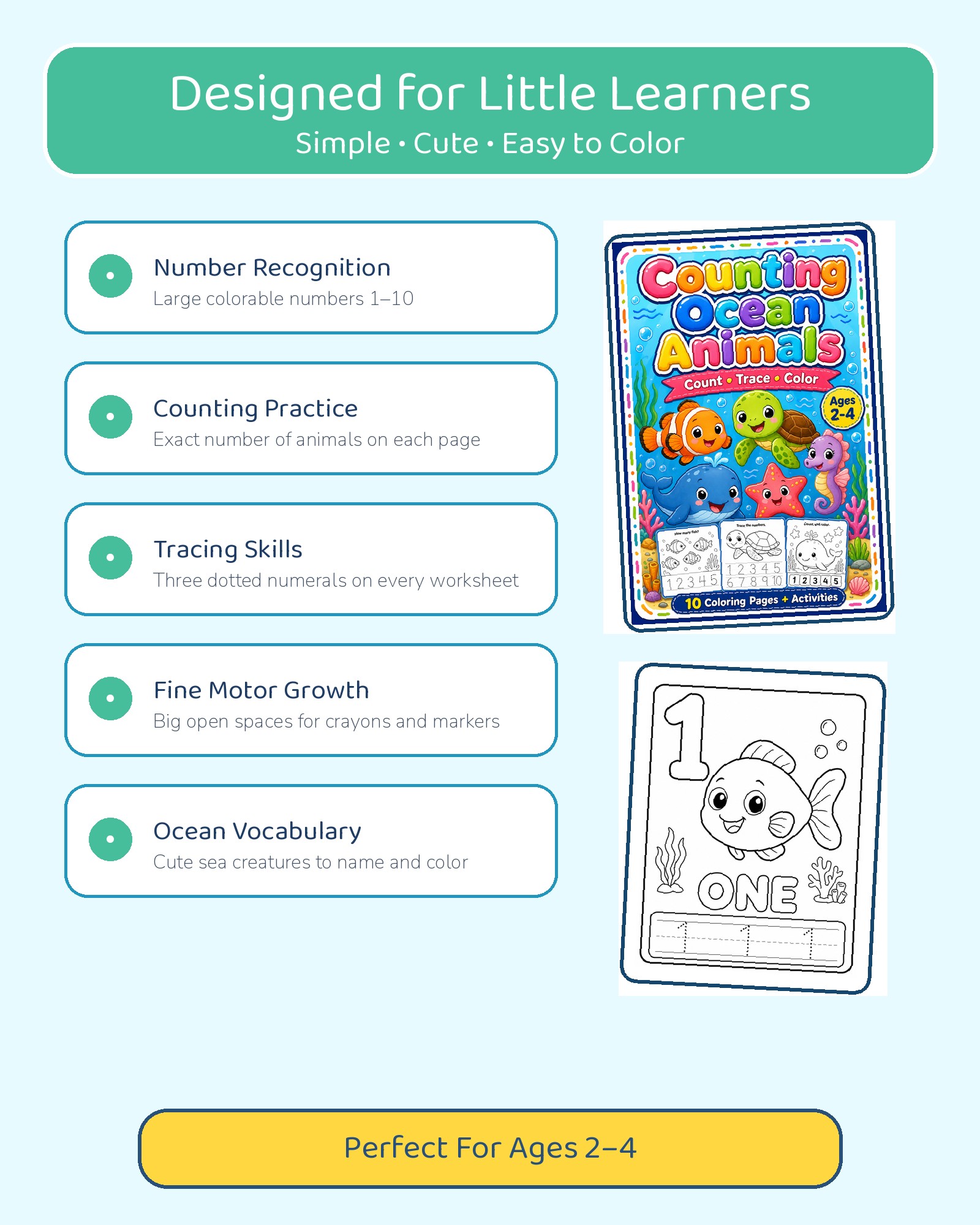 Counting Ocean Animals - Number Coloring Book for Toddlers Ages 2-4 Printable PDF printable page preview thumbnail