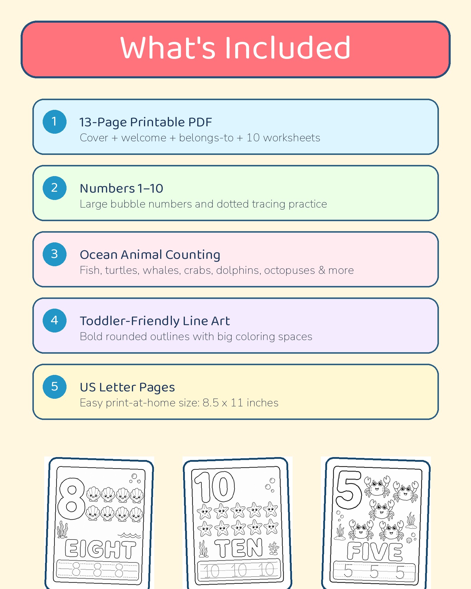 Counting Ocean Animals - Number Coloring Book for Toddlers Ages 2-4 Printable PDF printable page preview thumbnail