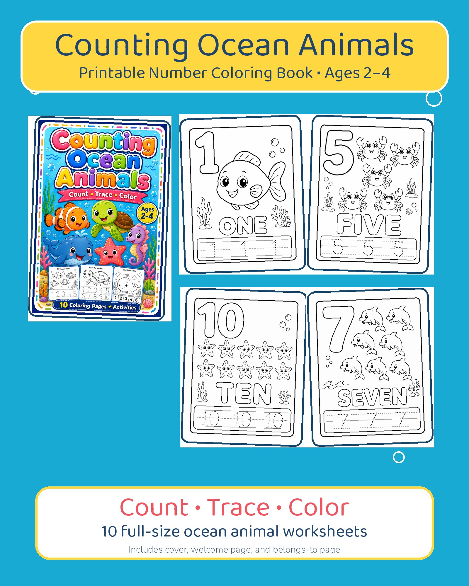 Counting Ocean Animals - Number Coloring Book for Toddlers Ages 2-4 Printable PDF printable page preview thumbnail