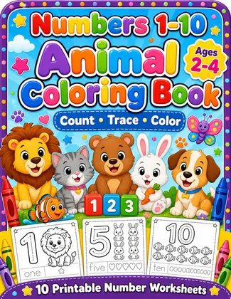 Numbers 1-10 Animal Coloring Book for Toddlers Ages 2-4 | Printable Counting PDF cover