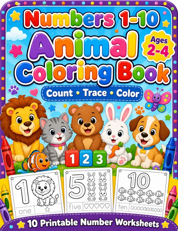 Numbers 1-10 Animal Coloring Book printable coloring book cover