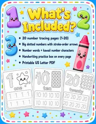 Number Tracing Workbook for Toddlers Ages 2-4 | Printable 1-20 Number Tracing Practice PDF printable page preview 2