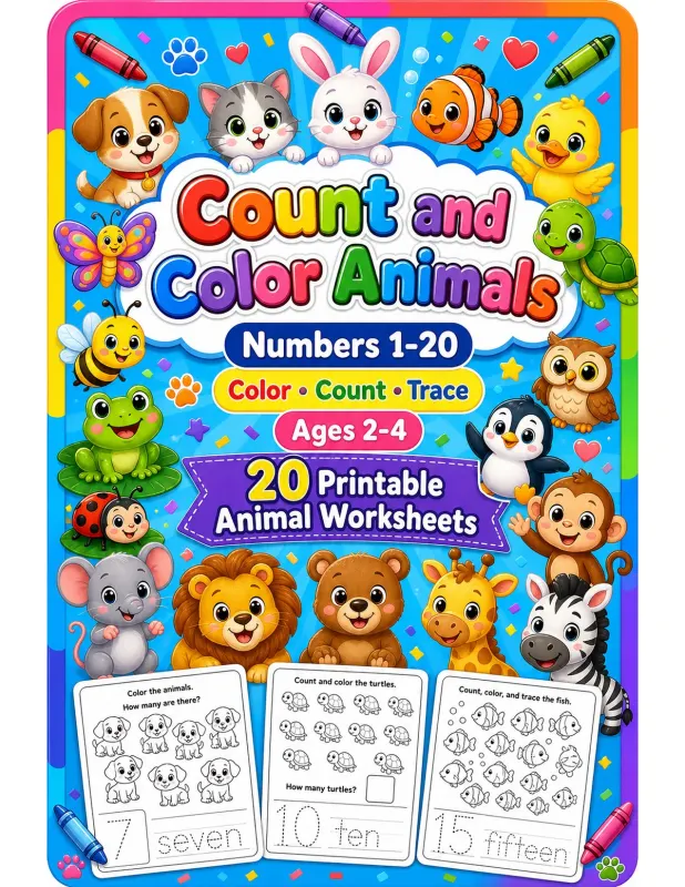 Count and Color Animals 1-20 printable coloring book cover