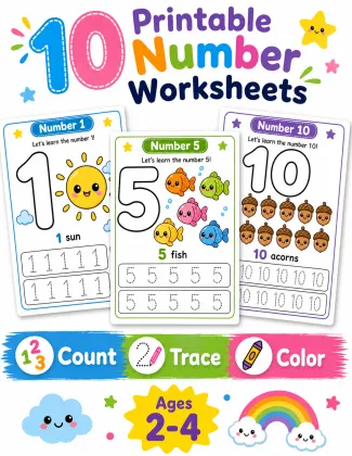 Number Tracing with Cute Objects printable page preview 1