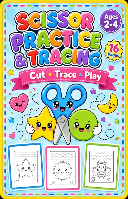 Scissor Practice and Tracing Book for Toddlers Ages 2-4 | Printable Cut and Trace Activity PDF printable coloring book cover