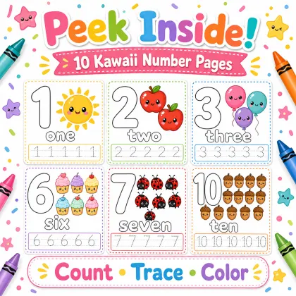 Number Tracing with Cute Objects printable page preview 3