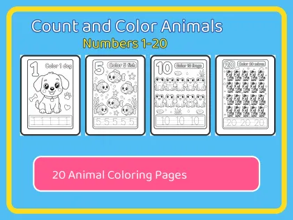 Count and Color Animals 1-20 printable page preview 1