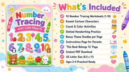 Number Tracing with Cute Objects printable page preview 2