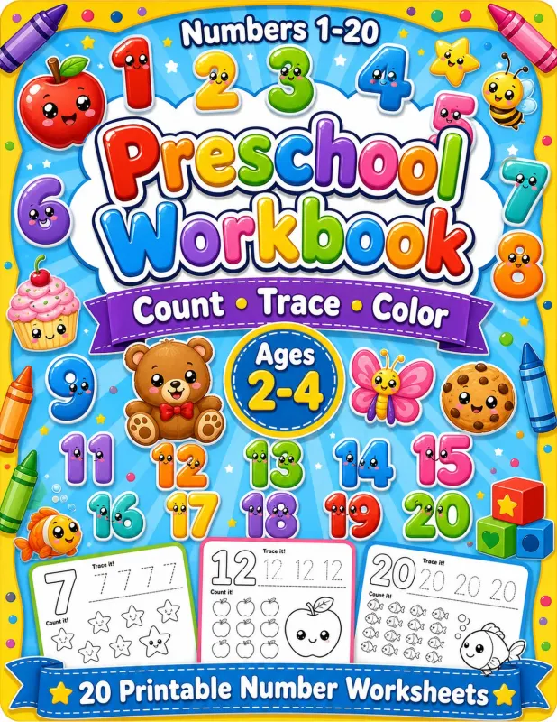 Numbers 1-20 Preschool Workbook printable coloring book cover