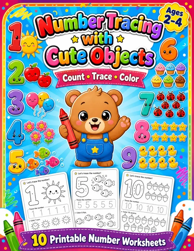 Number Tracing with Cute Objects printable coloring book cover
