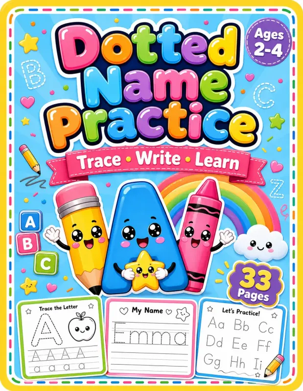 Dotted Name Practice Book for Toddlers Ages 2-4 | Printable Name Tracing ABC Letter Practice PDF printable coloring book cover