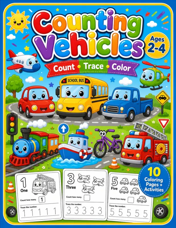 Counting Vehicles Coloring Book printable coloring book cover