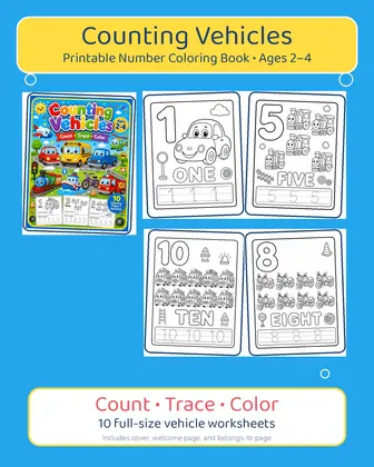 Counting Vehicles Coloring Book printable page preview 1