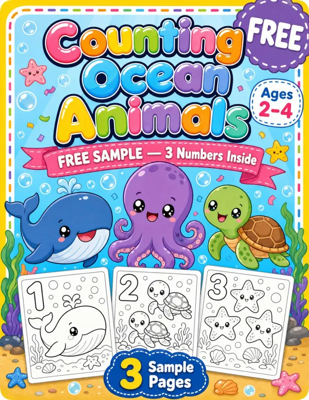 Free Counting Ocean Animals Sample — Numbers 1, 2, 3 for Toddlers printable coloring book cover