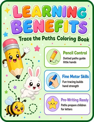 Trace the Paths Coloring Book for Toddlers Ages 2-4 | Printable Path Tracing Pencil Control PDF printable page preview 1