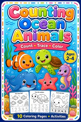 Counting Ocean Animals - Number Coloring Book for Toddlers Ages 2-4 Printable PDF cover