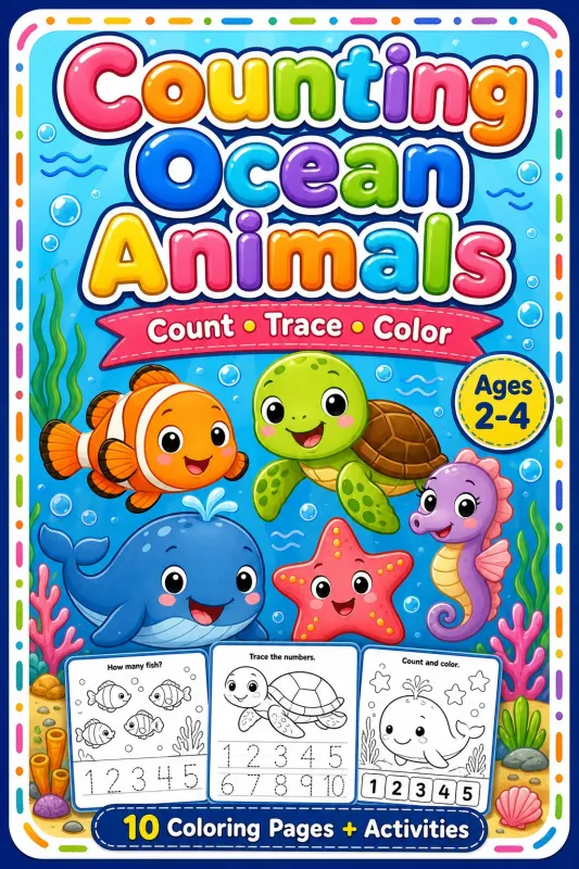 Counting Ocean Animals Coloring Book printable coloring book cover