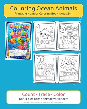 Counting Ocean Animals Coloring Book printable page preview 1